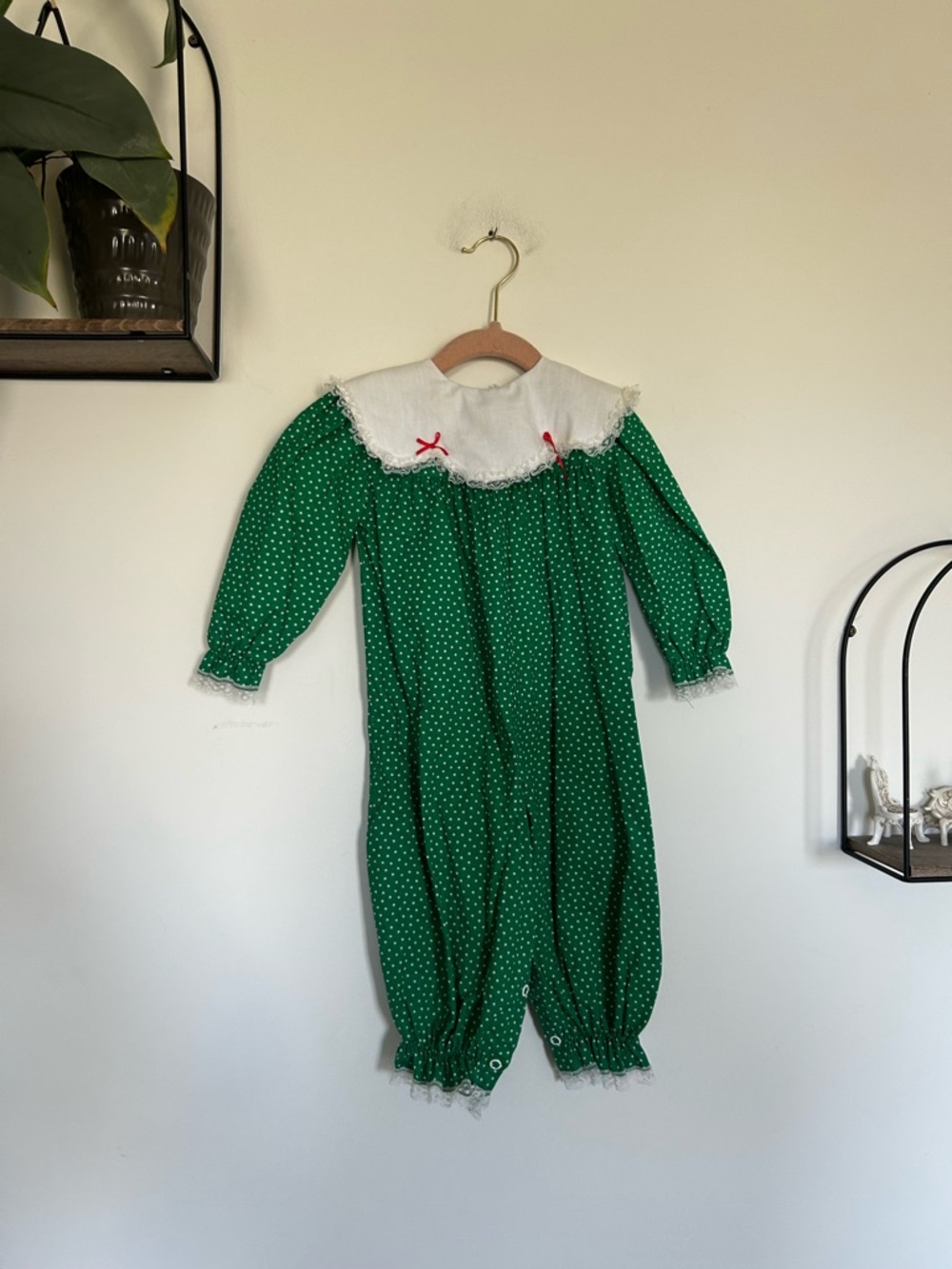 Vintage Bryan Green & White Polka Dot Long Sleeve One Piece Baby Outfit 18 Month